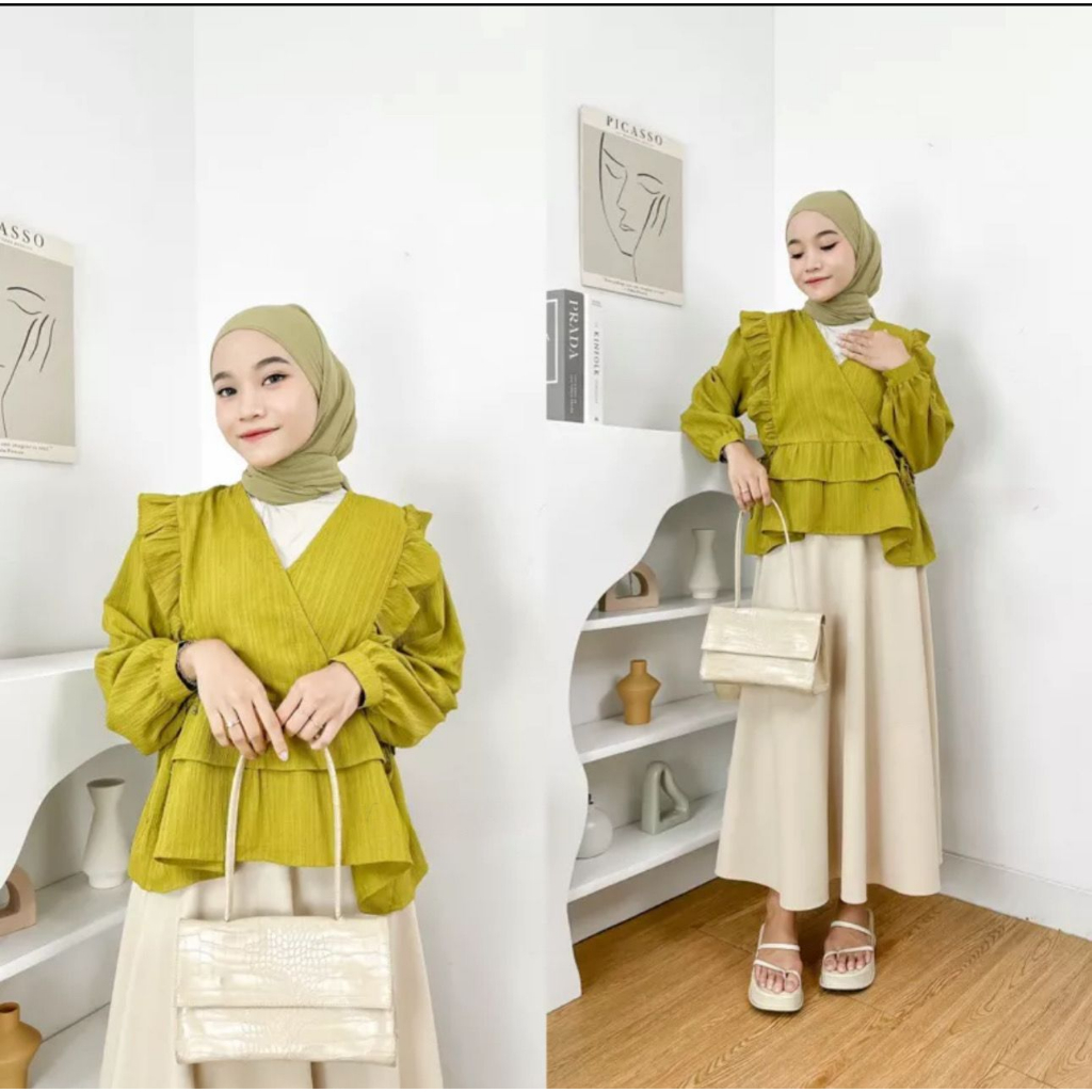 Sani Blouse Lady Crush Atasan Wanita Semi Outer Kerah Vneck Lengan Panjang Korean Style OOTD Remaja Kekinian