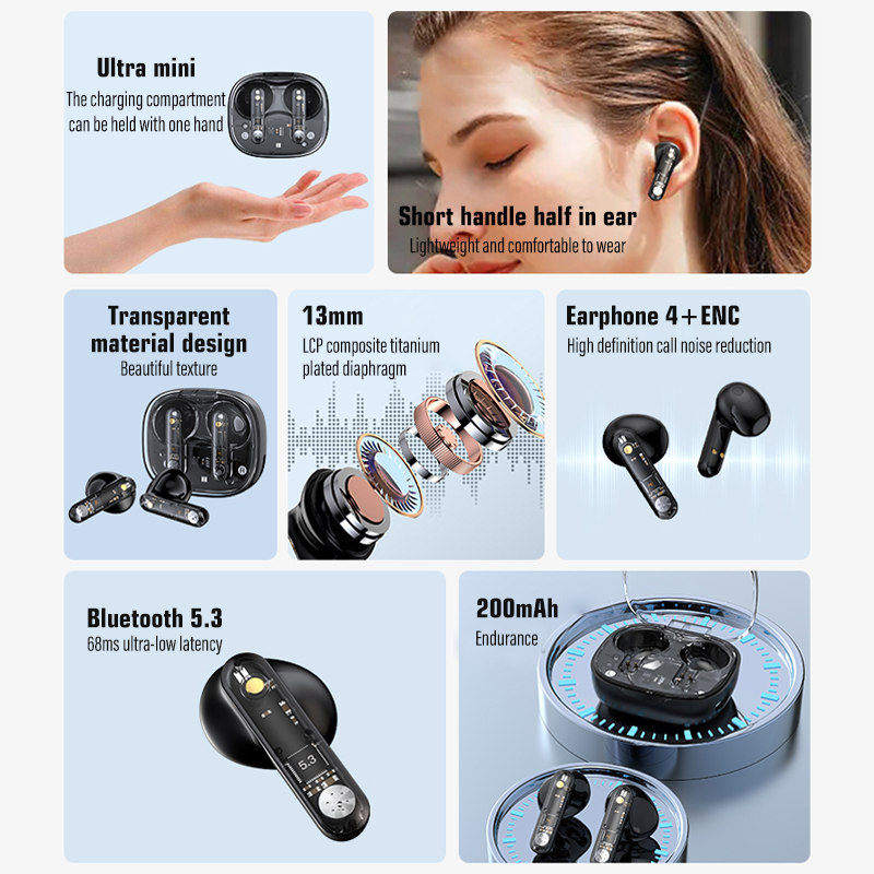 【COD】Viqoo LY80 TWS In-Ear Earphone Bluetooth 5.3 Wireless Headphone Digital Power Display Touch Control Transparent Bluetooth Headset - T95