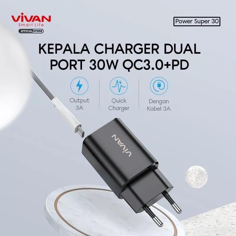 VIVAN Power Super 30 Adaptor Charger 3A Batok Charger 30W Quick Charge 3.0