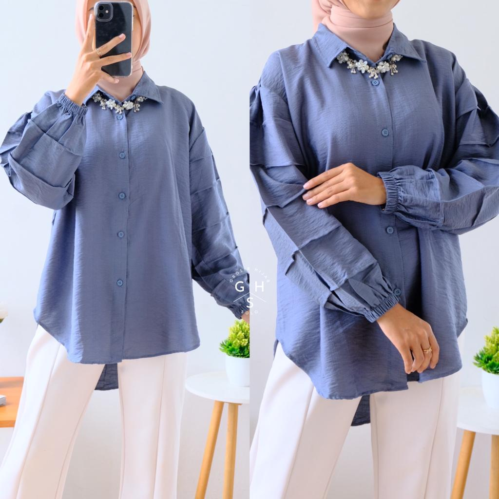 CHALYA KEMEJA FULL KANCING BLOUSE BUSUI ATASAN WANITA POLO LINEN PREMIUM (MGA)