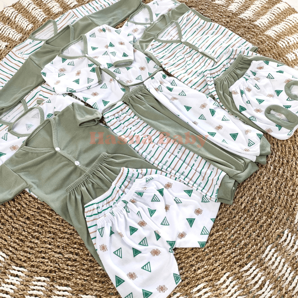 Paket Lahiran 18 Pcs, Setelan Lengkap Baju bayi baru lahir seri Hijau Sage  (9 Setel) Baby Newborn Giftset - Juragan Lebak