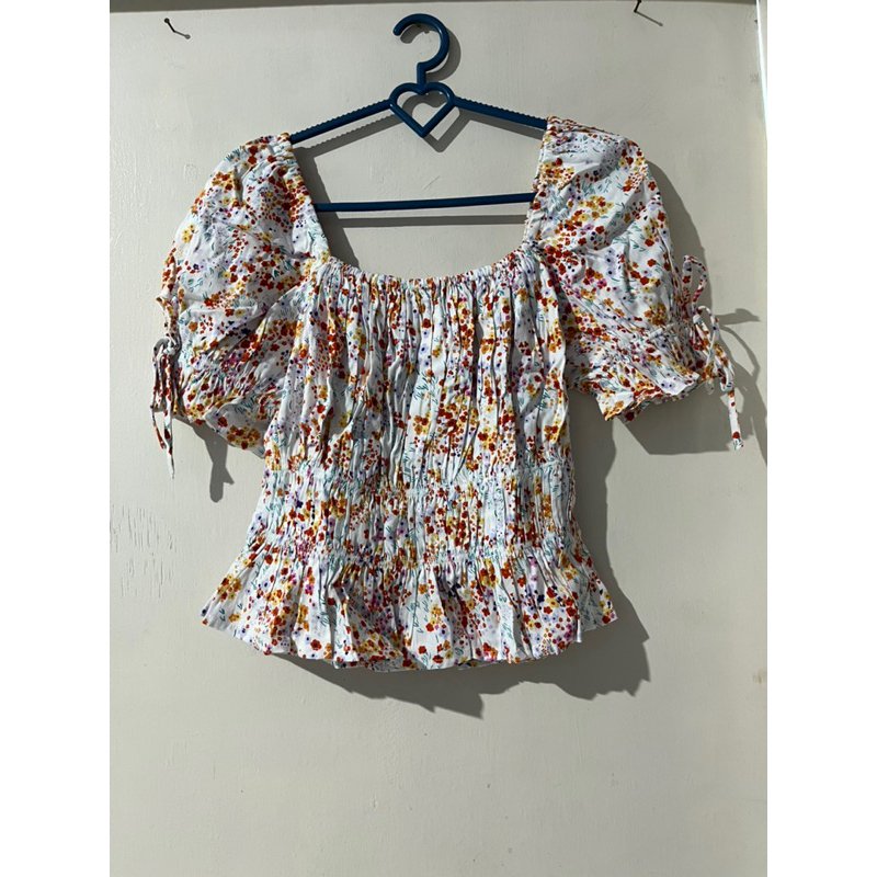 BNIP COLORBOX PRINTED CROP PUFF SLEEVE TOP ORANGE