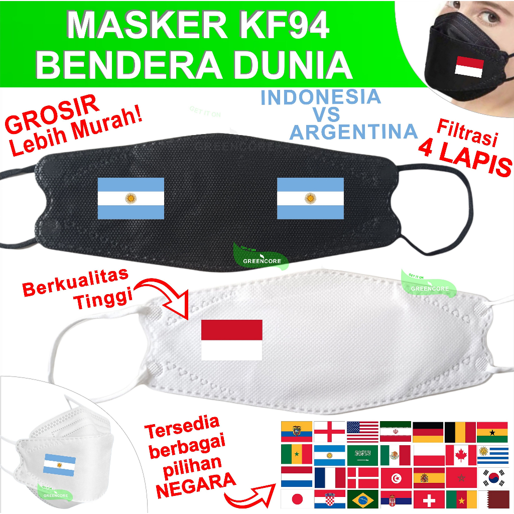 Masker kf94 4 ply piala dunia indonesia logo bendera jersey futsal kaos baju bola sepak argentina po