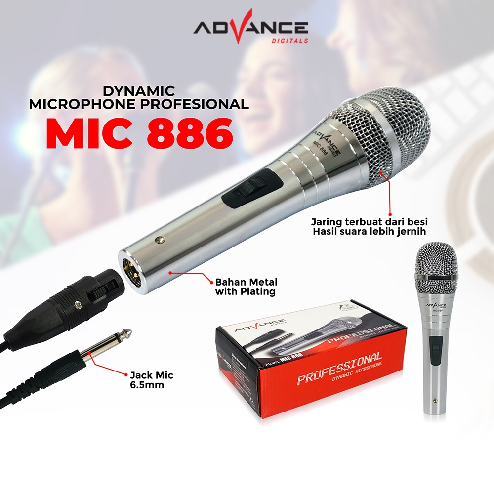 Advance Mic karaoke Mic-886 Mic kabel suara jernih Microphone karaoke / kabel jack 6.5mm | Mic Kabel Bodi Besi Silver Jack Besar 6.5mm Karaoke Panjang ADVANCE MIC-886 | FMS