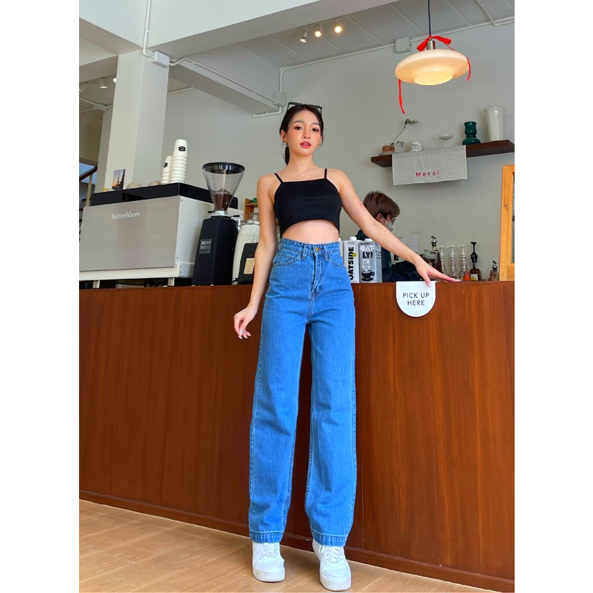 YAOSHI - Celana panjang Highwaist Jeans Wanita - Boyfriend Kulot loose  jeans basic lipat Gaya Korea