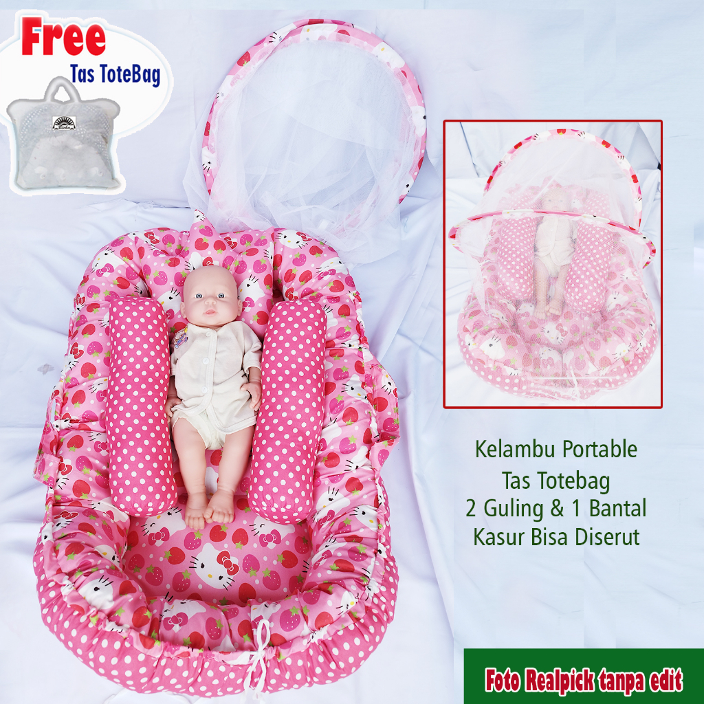 [FREE TAS TOTEBAG] KASUR BAYI BABY NEST PREMIUM DENGAN KELAMBU + FREE BANTAL PEYANG DAN GULING BAYI (BISA 2 SISI MOTIF BOLAK BALIK)