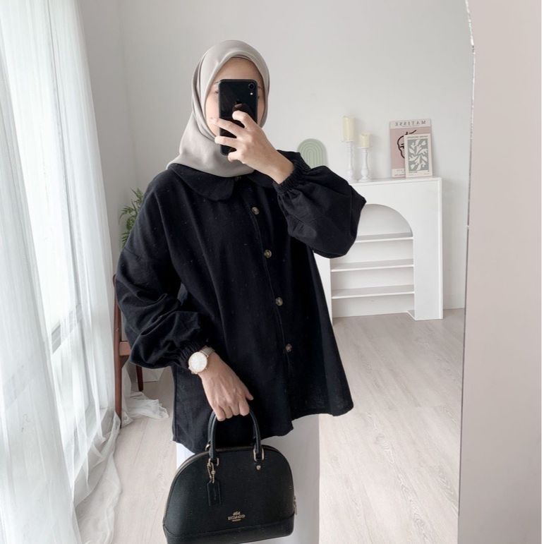 Kemeja Wanita Bahan Linen MAURA Blouse Atasan Wanita Full Kancing Lengan Panjang Puffy Fashion Remaja Dewasa Kekinian