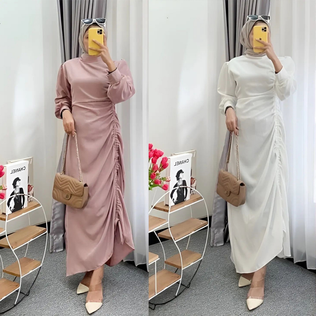 Meganza dress -  dress gamis modern serut kekinian / dress kerut kondangan / dress model terbaru 2023 / dress modern kekinian / dress model korea / dress model terbaru / dress model belanda / dress modis / dress modern kondangan / dress remaja serut