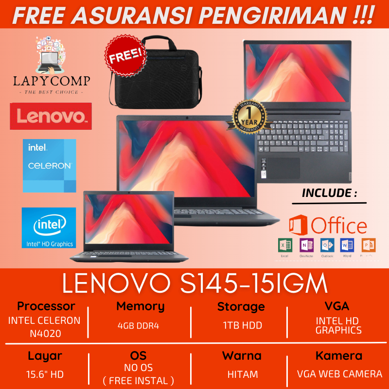 LAPTOP LENOVO SERIES S145 INTEL N4020 RAM 4GB HDD COMBO LAYAR BESAR 15.6&quot; HD - LAPTOP BARU