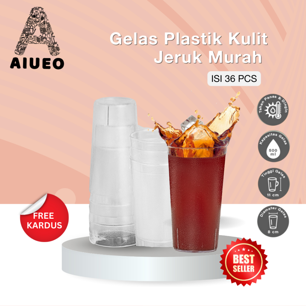 [Gratis Packaging Kardus] • 3 Lusin Gelas Plastik Mika Kulit Jeruk AIUEO 500ml isi 36 Pcs - Gelas Tahan Panas