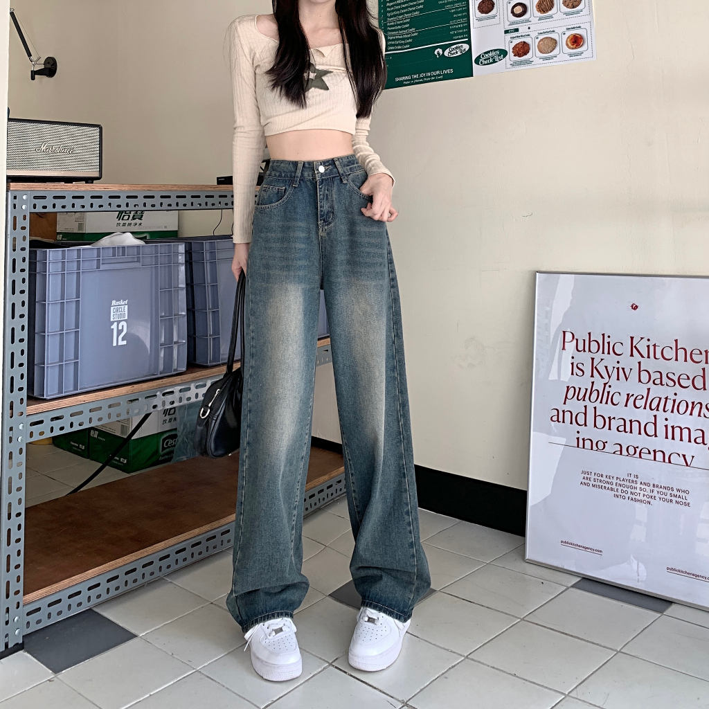 Korean Style Celana Jeans Wanita High Waist Straight Pants Boyfriend Jeans
