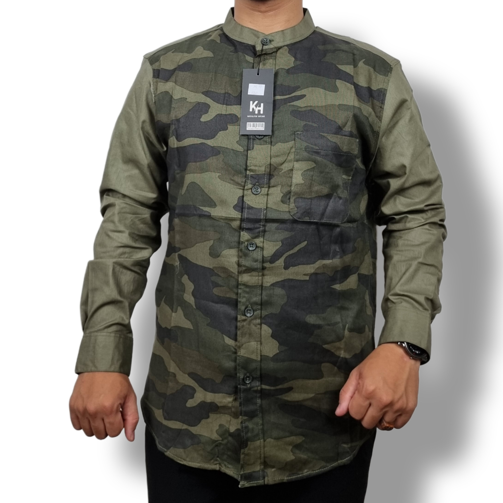 Kemko KH Kemeja Koko Pria Lengan Panjang Slimfit Hijau Army Slim Fit