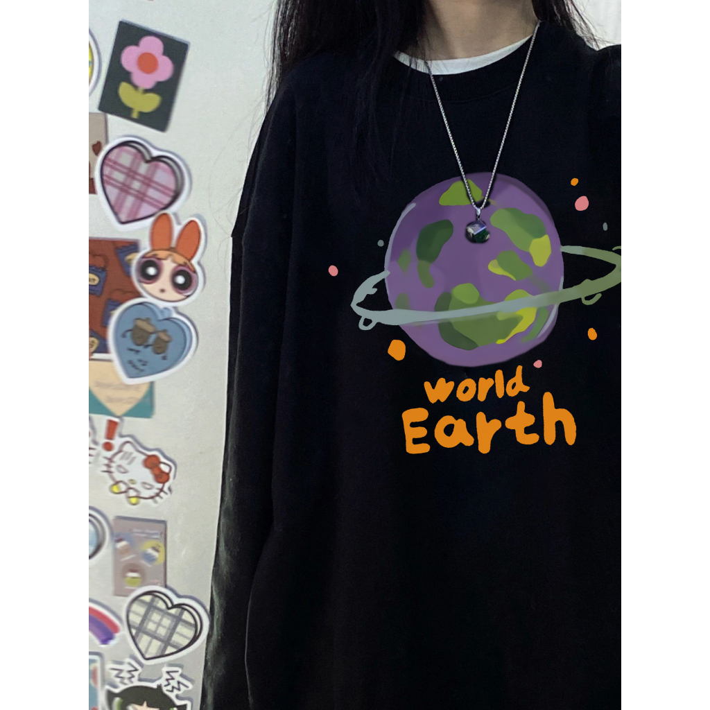 EUNII Sweater Lengan Panjang Cartoon Earth World Printing Korean Style/Sweater Crop/Baju Wanita/Switer Wanita/Switer