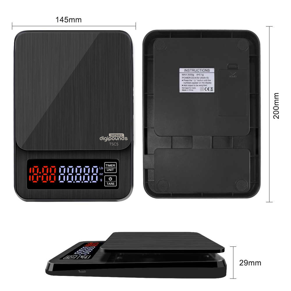 Taffware Digipounds Timbangan Dapur Mini Digital Coffee Scale LCD 5000g - 0.1g - TSC5 - Black