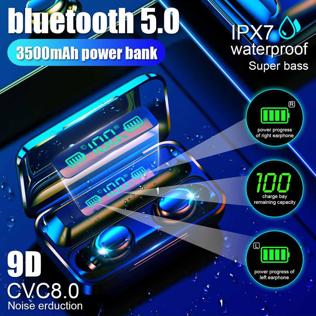 (COD) F9-5 Headset Bluetooth Power Bank TWS with Mic 9D Bass Stereo Handset Water Proof Earbud 5.0 Wireless Earphone