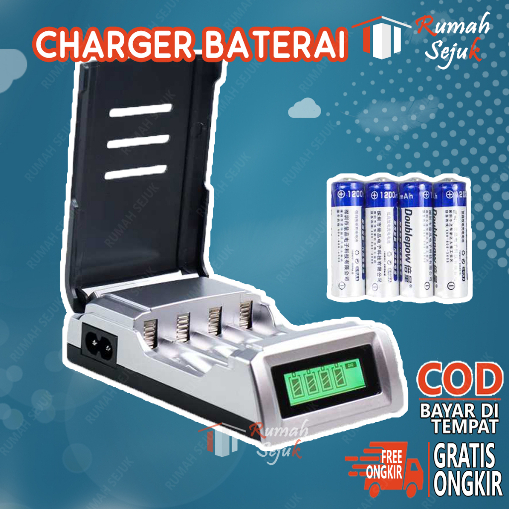 Paket Charger Baterai slot AA / AAA Bonus 6 Battery Cas Rechargeable NiMH Lampu Indokator