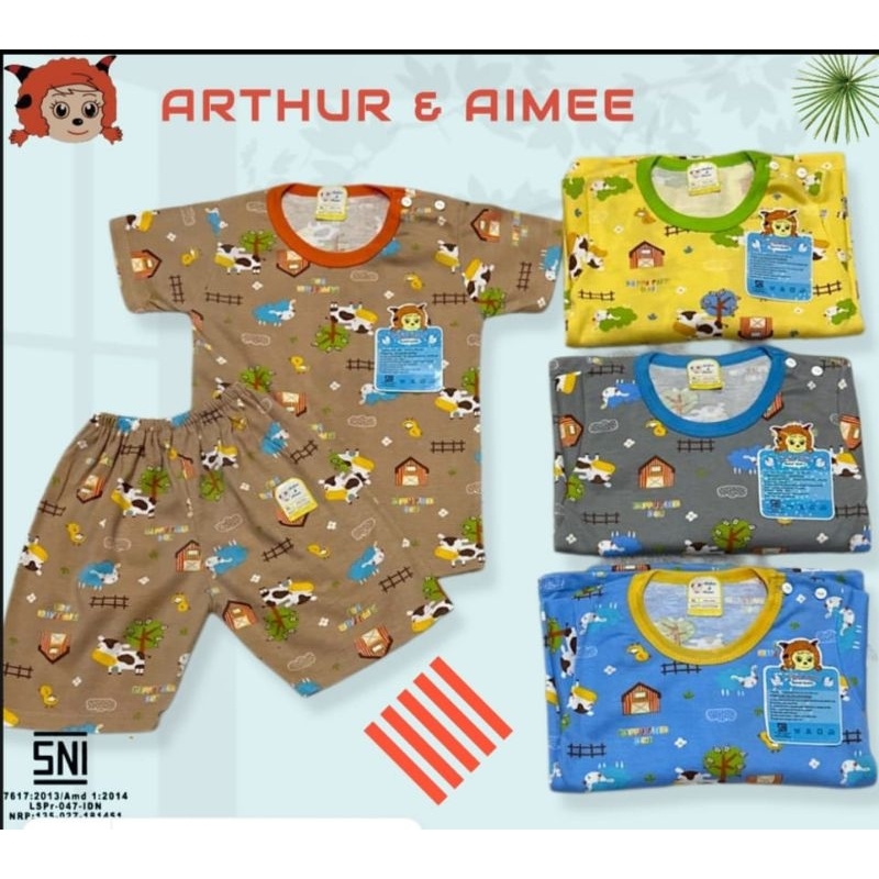 3 Pcs Arthur Setelan Baju Oblong Pendek Print Boneka Size S,M,L,XL