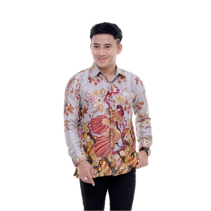 KEMEJA BATIK SEMI SUTRA SILKY PREMIUM BERFURING LENGAN PANJANG  CLASIK SUTRA XXL  FASHION BATIK PRIA