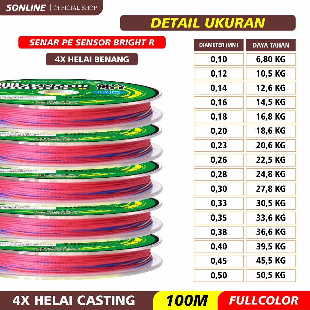 SONLINE - Tali Pancing 100m Senar Pancing PE Sensor Bright Warna Colorfull Senar Pancing 100m Super Kuat &amp; Tahan Bahan PE