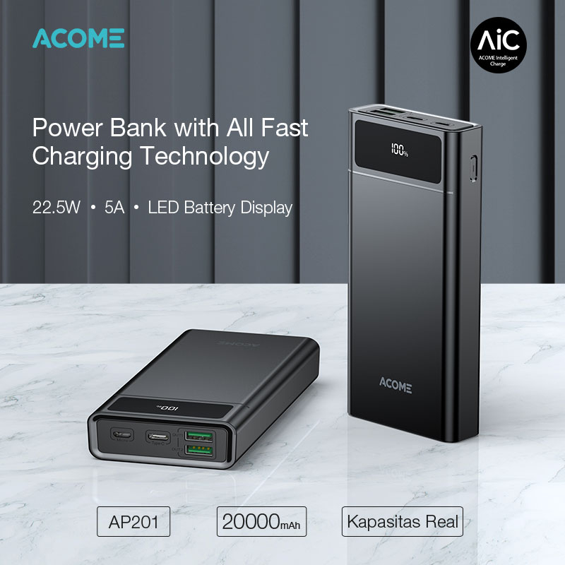 Terbaru Acome Powerbank 20000Mah Fast Charging Led Display Dual Input & Three Output Original Ap201