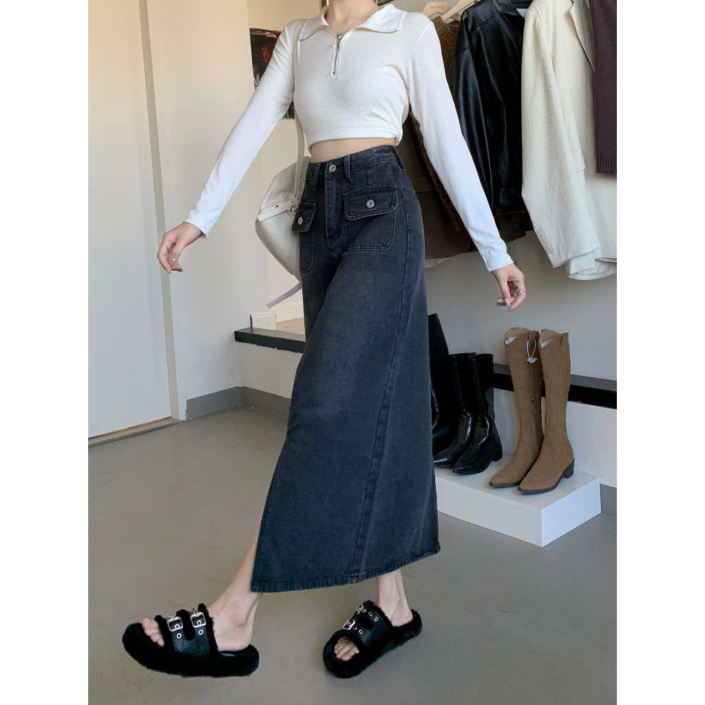 Button Pocket Rok Denim Panjang Wanita Dress  Korean Style Slit A-line Skirt Midi
