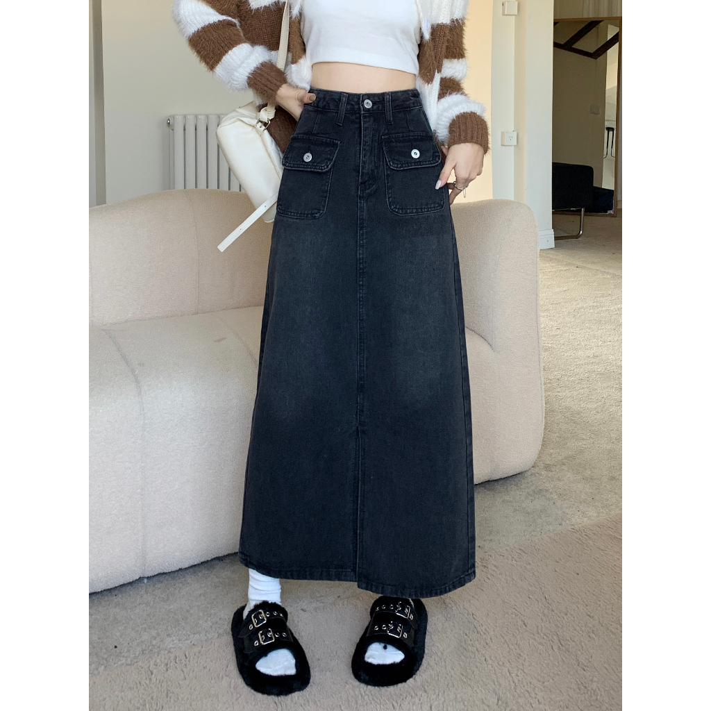 Button Pocket Rok Denim Panjang Wanita Dress  Korean Style Slit A-line Skirt Midi