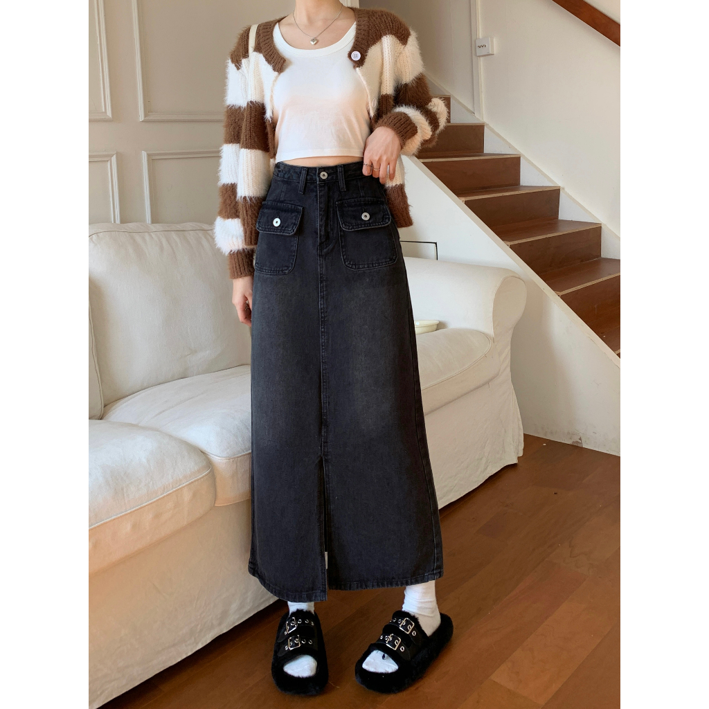 Button Pocket Rok Denim Panjang Wanita Dress  Korean Style Slit A-line Skirt Midi