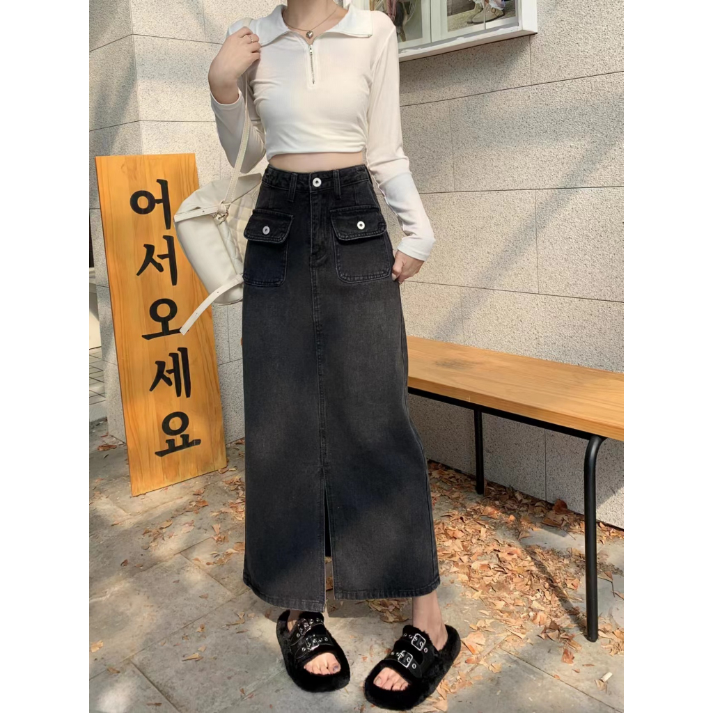 Button Pocket Rok Denim Panjang Wanita Dress  Korean Style Slit A-line Skirt Midi