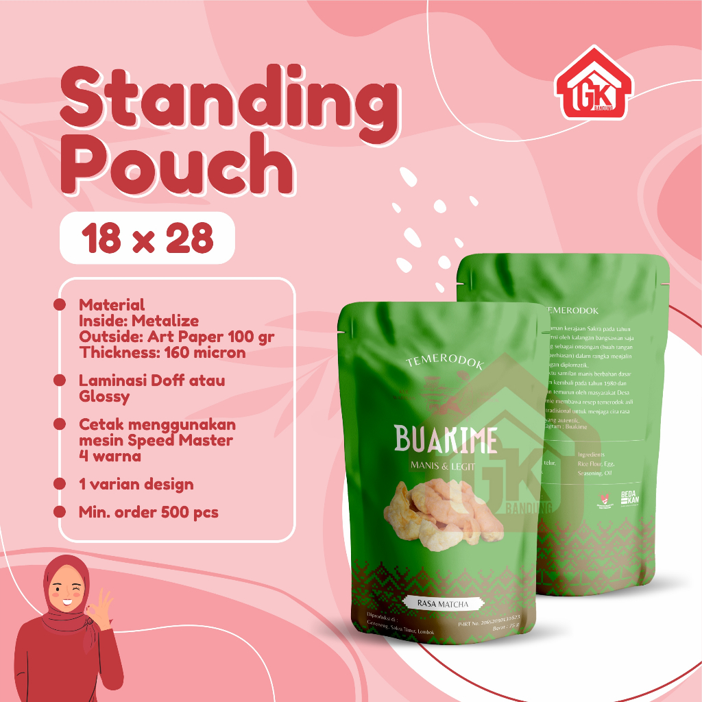 CETAK Kemasan Standing pouch printing custom design. uk. 18 x 28cm / 17 x 28cm