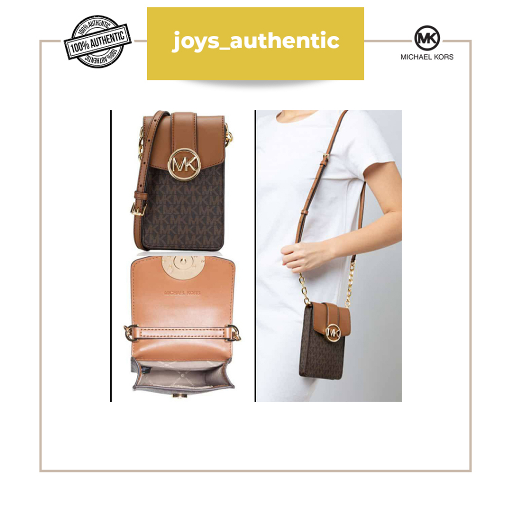 Tas Wanita Michael Kors Carmen Crossbody Phone Bag Small Monogram Coklat Brown Woman Bag Authentic O