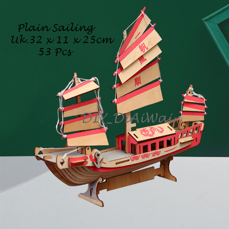 Puzzle 3D DIY bahan kayu model Boat Red White / kapal mainan puzzle edukasi anak (kado &amp; pajangan)