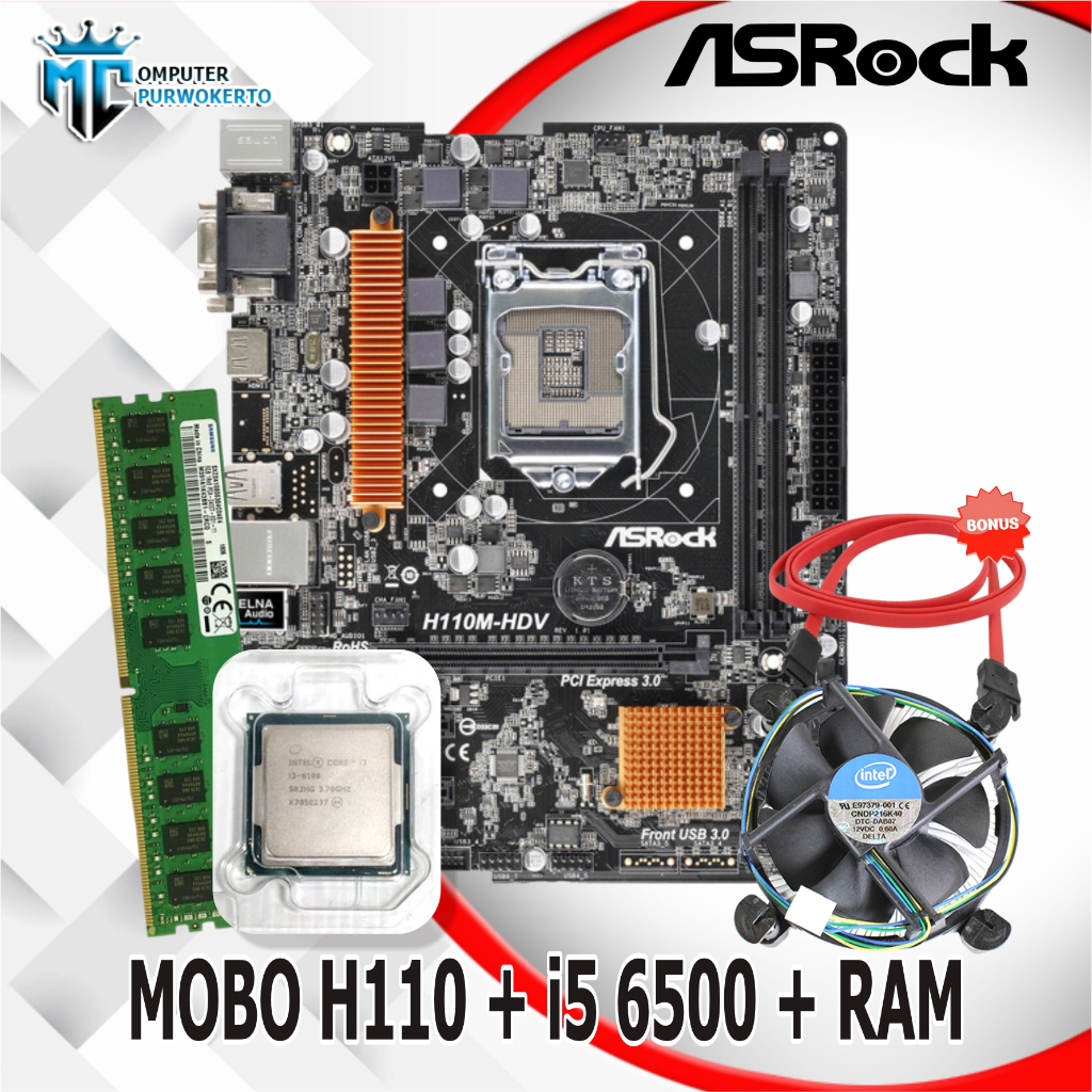 Mobo Mainboard H110 DDR4 Asrock + CORE i5 6500 + RAM + SSD