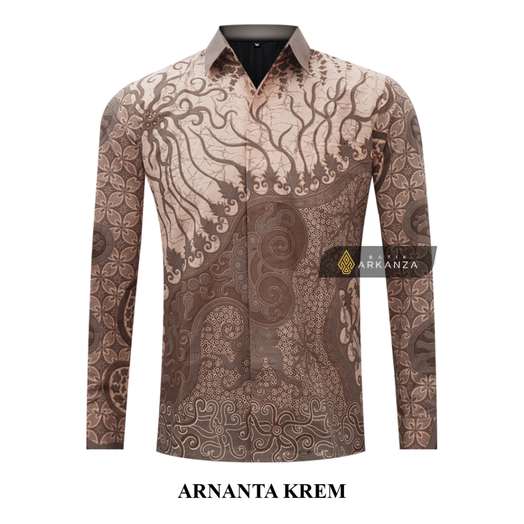 BATIK ARKANZA Motif ARNANTA KREM Hem Atasan Kemeja Baju Batik Pria Cowok Laki Laki Slimfit Full Lapis Furing Lengan Panjang Lengan Pendek Original Asli