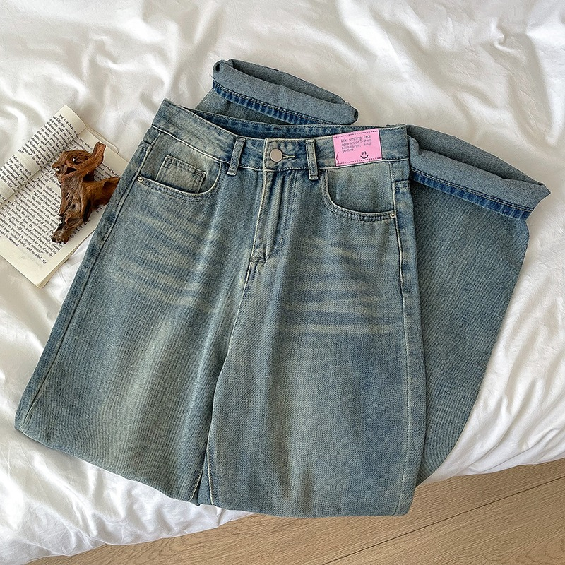 Celana Jeans Wanita Korea Retro Biru Tua High Waist Terbaru