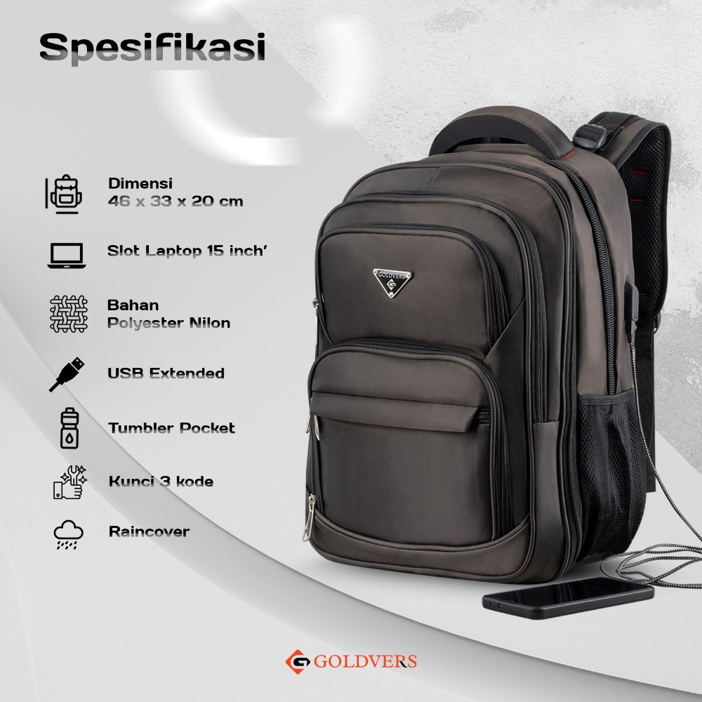 Tas Ransel Kerja Pria Import 18inch Backpack POLO FREE Kabel USB C + RAINCOVER - Goldiesbags