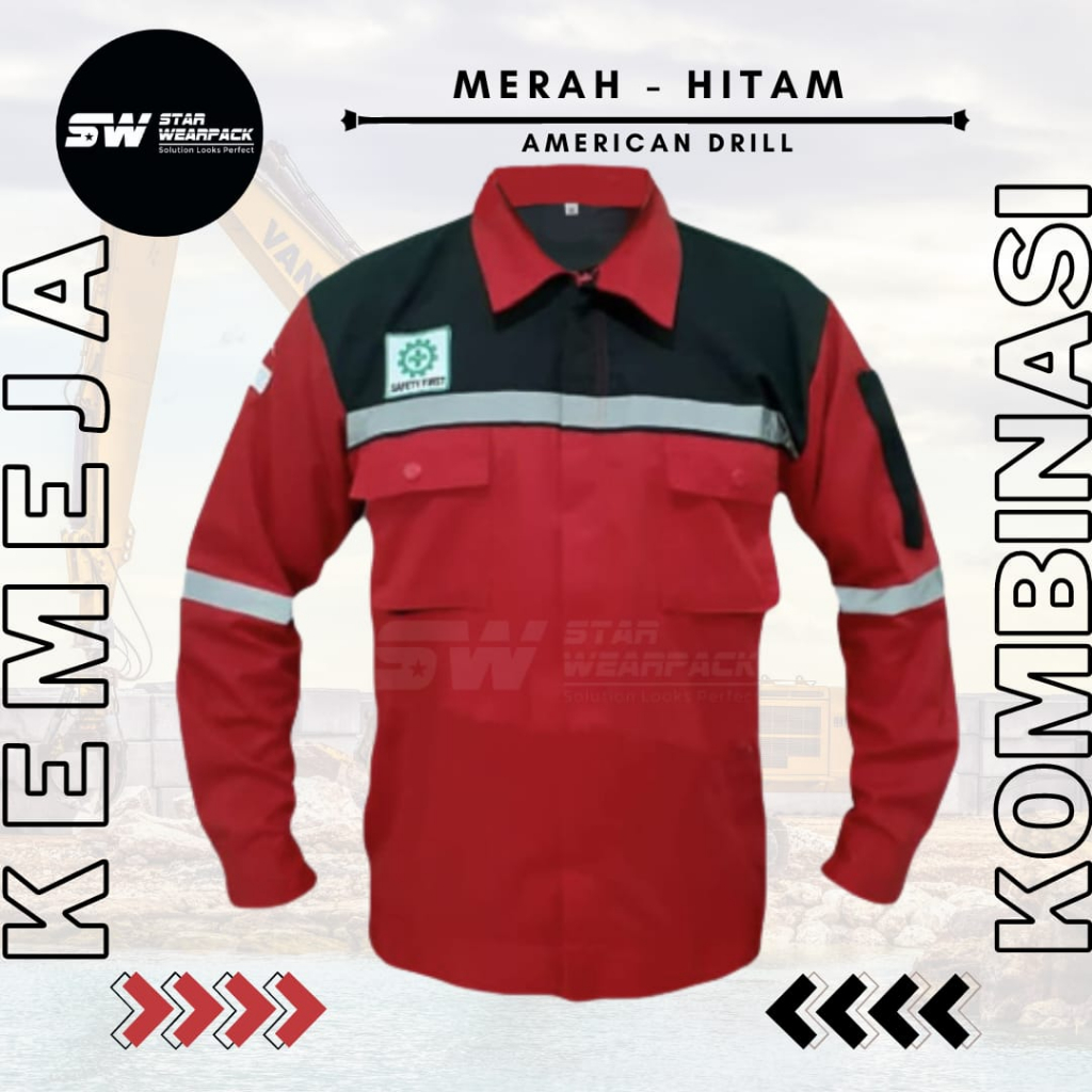 Star Wearpack - Kemeja Kerja Proyek Warna Merah Kombinasi Hitam Lengan Panjang