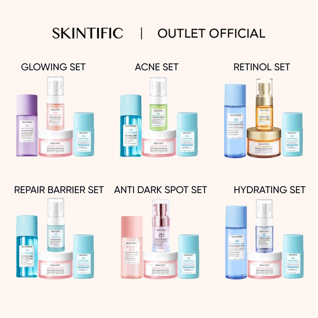 【OUTLETS】SKINTIFIC 4pcs Paket Skincare Sunscreen + MSH Niacinamide Moisture Gel + Exfoliating Toner / Soothing Toner + Brightening Serum / Anti Acne Serum / Barrier  Serum / Hydrating Serum