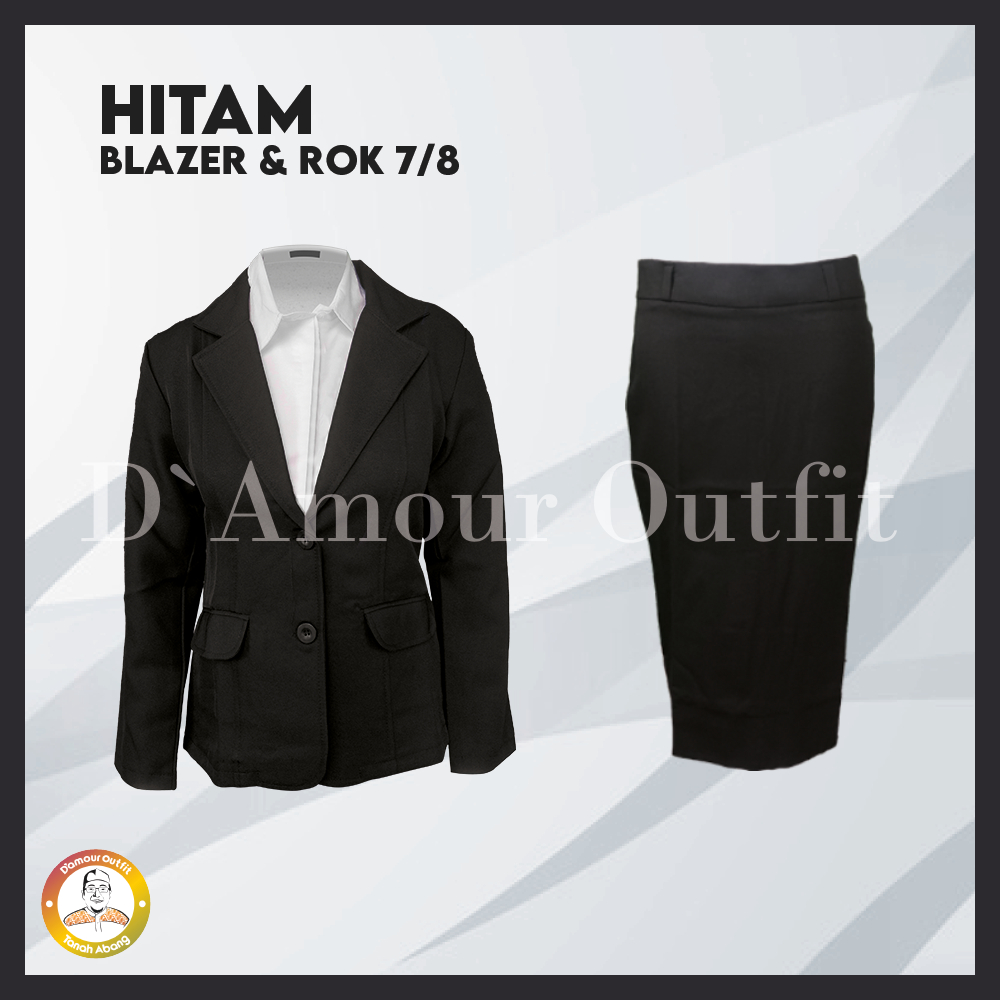 One Set Setelan Jas Blazer Rok Span Pendek Wanita Stelan Jas Kerja Kantor Cewe Polos Dewasa Anak Jaket Blezer Kancing 3 Cewek Pakaian Formal Kantoran Dasar Hitam Celana Panjang Line A Mini Rempel Jumbo Big Size Rompi Cardigan Kain Outer Perempuan Korea