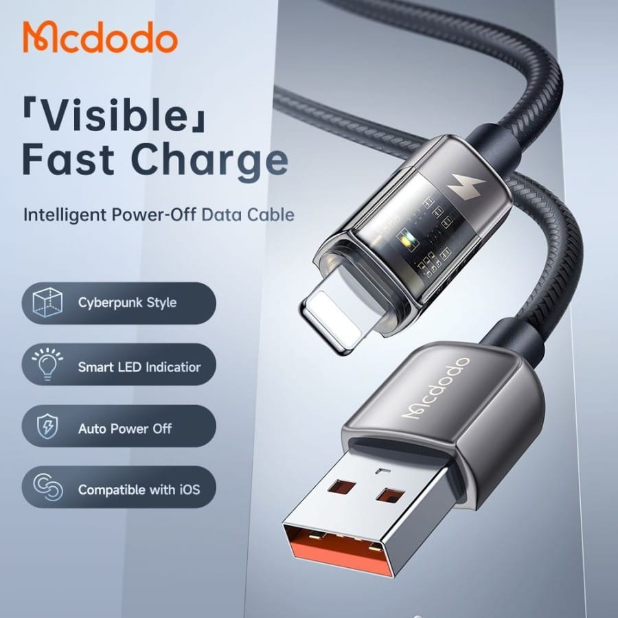 MCDODO Kabel Data USB to Lightning / Type-C FAST Charging AUTO POWER OFF Transparent Data Cable 1.2M