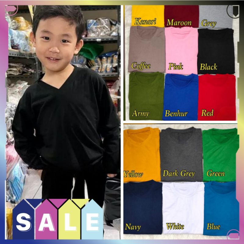 KAOS V NECK ANAK POLOS LENGAN PANJANG / KAOS V-NECK LENGAN PANJANG 4-8 TAHUN / KAOS VNECK ANAK POLOS