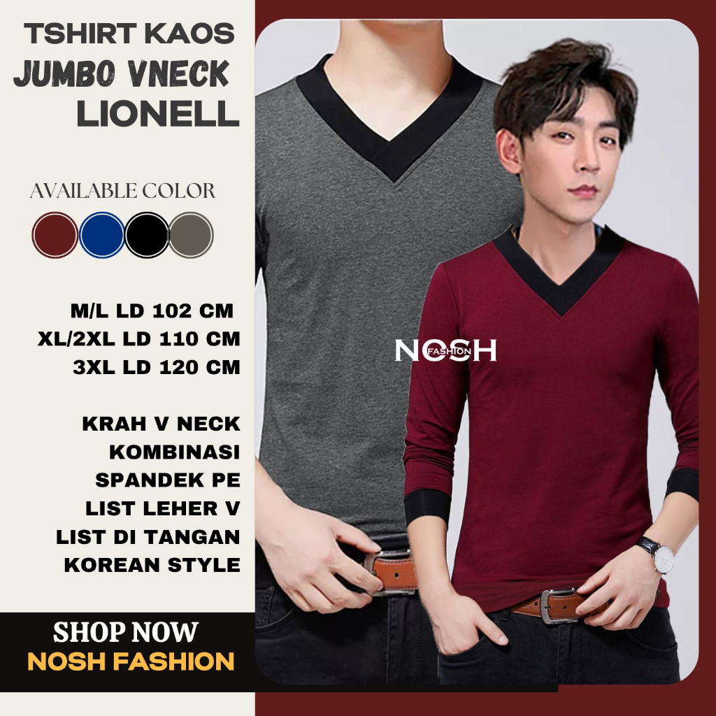 Tshirt Cowok Korea / Kaos leher V Lengan Panjang Pria Gaya Korea Liyonell / Kaos Jumbo Vneck NOSH Fa