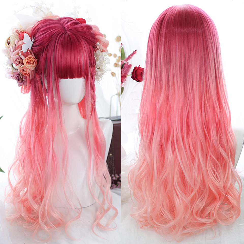 LOL-17 wig rambut palsu lolita cosplay harajuku daily kpop idol merah gradasi pink rose