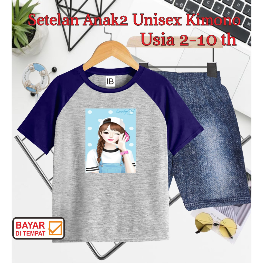 ((IB))SETELAN ANAK PEREMPUAN KIMONO SEMI JEANS/CEWEK TOPI DIGITAL SABLON