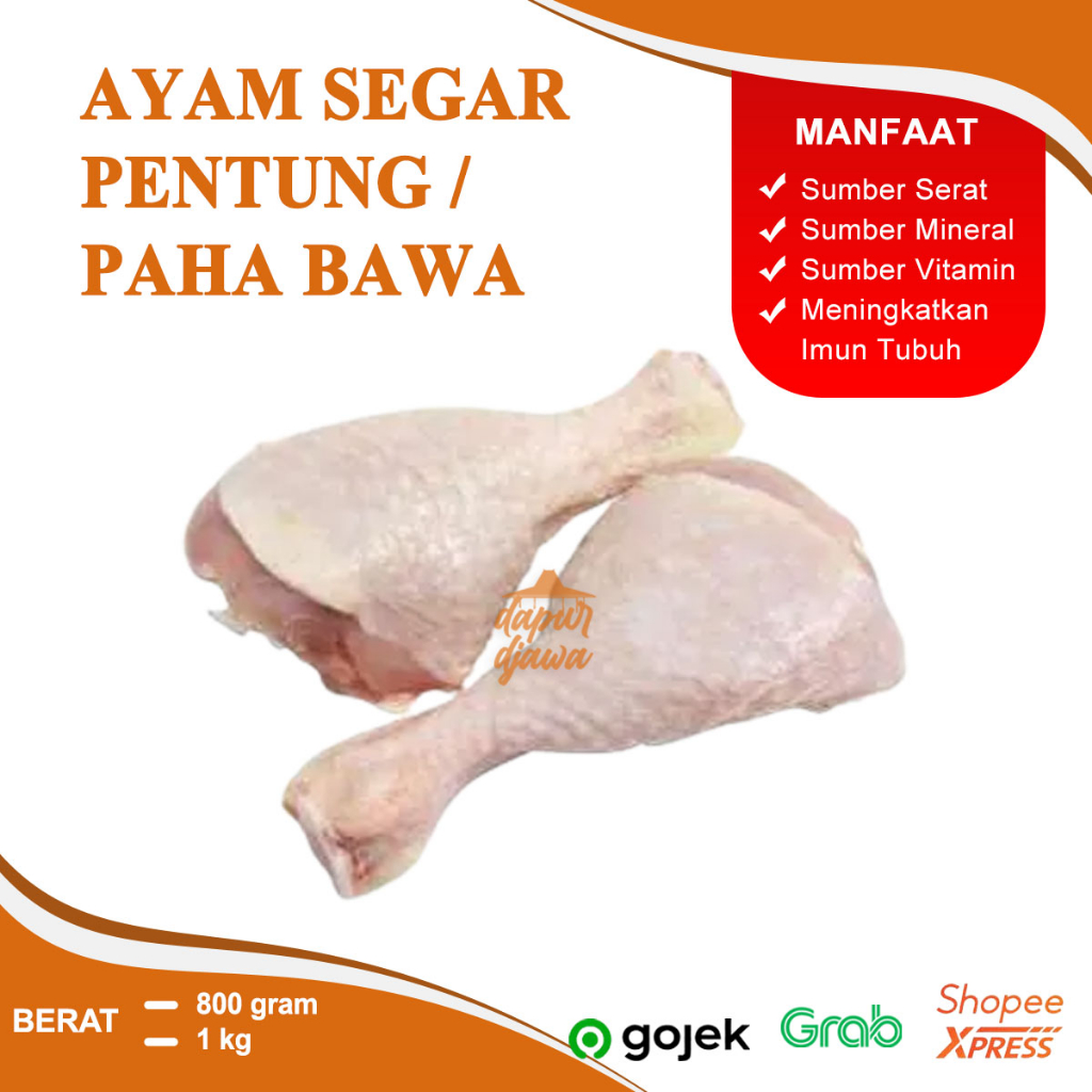 

AYAM PAHA BAWA PENTUNG POTONG KARKAS BROILER BOILER SEGAR FROZEN POTONGAN UTUH ATAS DADA FILLET BERAT 500 GRAM 800 GRAM 1 KG 1 EKOR