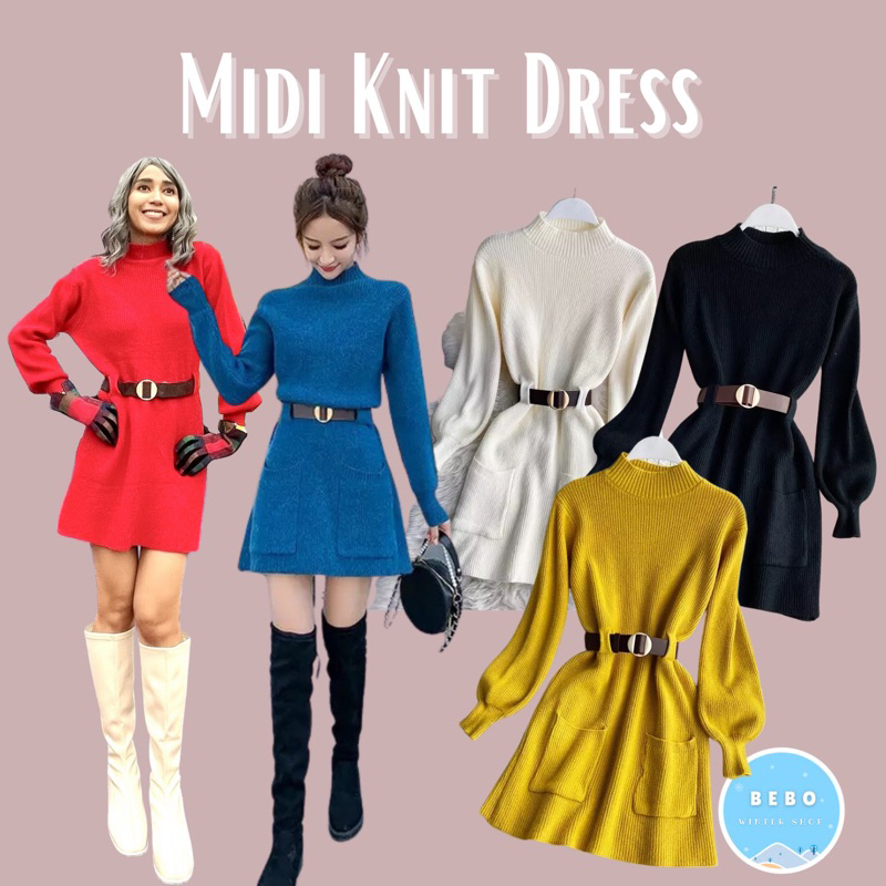 Sweater Dress Rajut Wanita dengan belt Knit Dress