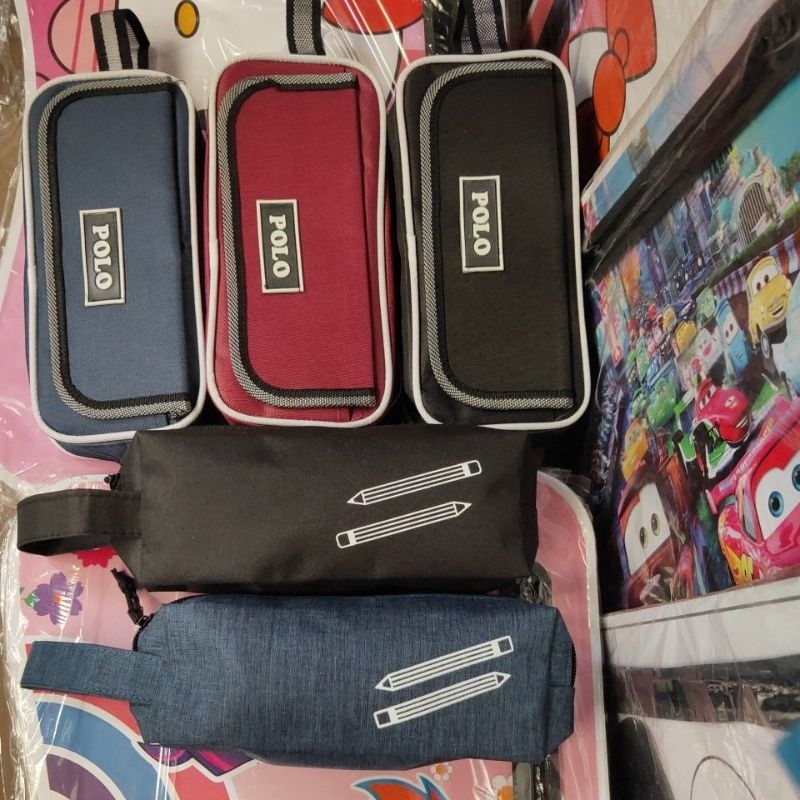 kotak pensil kain resleting 2 kantong dan kain denim