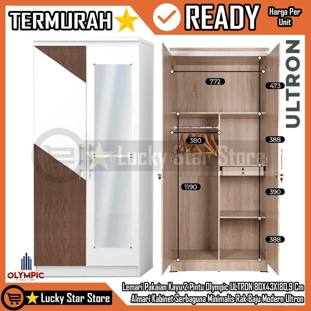 [Instan] Lemari Pakaian Kayu 2 Pintu Olympic LITE ULTRON Baju Wadrobe 80x43x180,9 cm Kabinet Serbagu