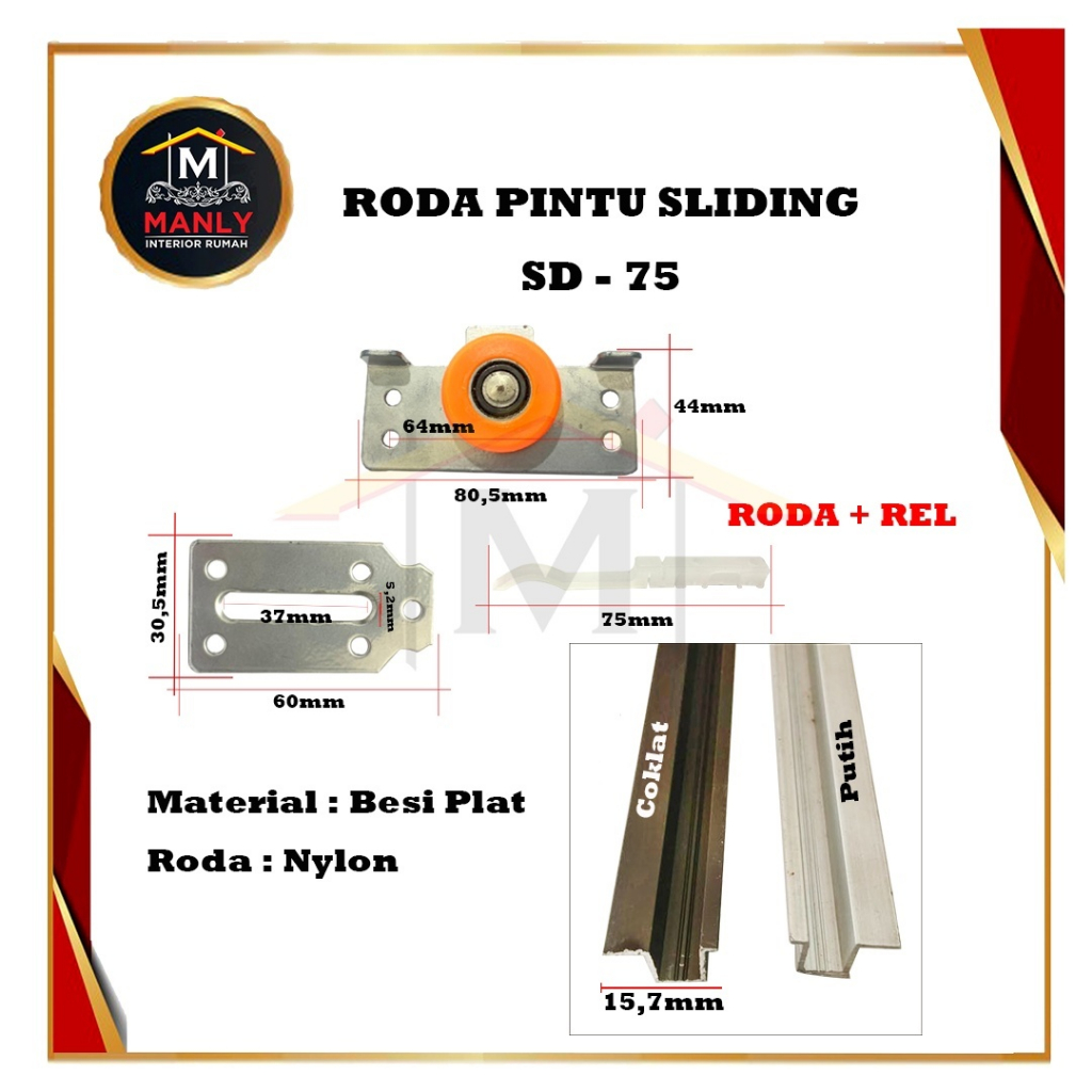 Roda Pintu Lemari Geser / Sliding SD 385 Orange + Rel Tanam Pintu SD 385, Isi 2 Set Roda + 2 Btg Rel