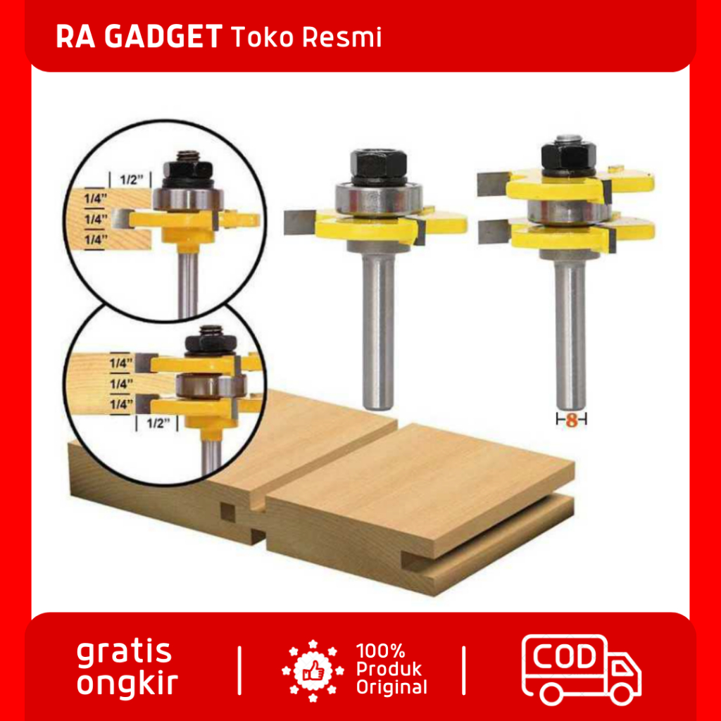 Mata Bor Drill Bit Tongue & Groove Joint Assembly 8mm 2 PCS / Mata Bor Profil Trimmer Pengerjaan Sam