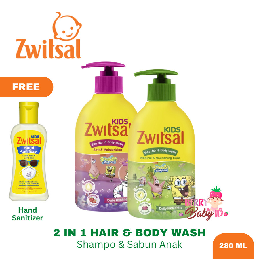 Zwitsal Kids 2in1 Hair &amp; Body Wash Spongebob Sabun &amp; Shampo Anak 280 ml Berry Mart